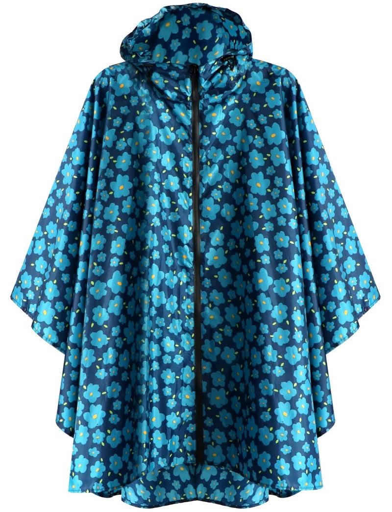 ANYOO Waterproof Rain Poncho Lightweight Reusable Hiking Hooded Coat Jacket for Outdoor Activities(Blue Flower) One Size - Image 1